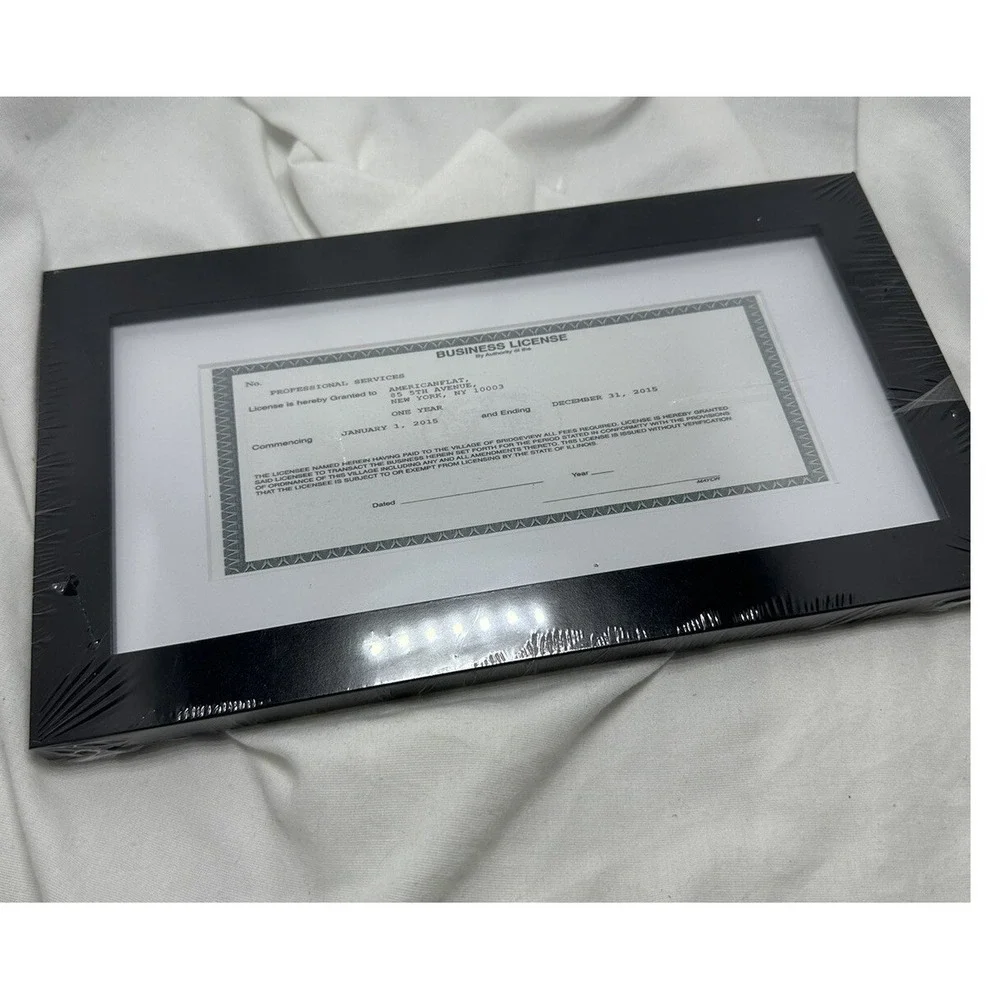 Americanflat Black Wood Business License Frame 3.5 x 8 White Mat New
